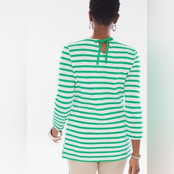 Chico’s Green Striped Bedazzled Embellished-Neckline Top Nautical Size 16 - Picture 2 of 11